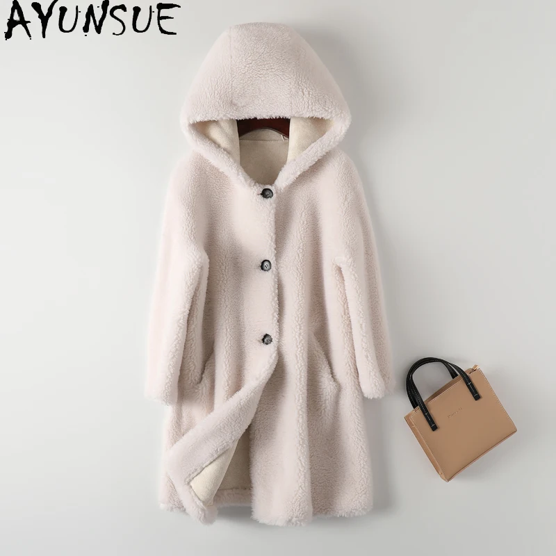 

AYUNSUE Women's Winter Jacket 2021 Hooded Casual Sheep Shearling Coat Female Korean Wool Jackets Women Casaco Feminino Gxy590