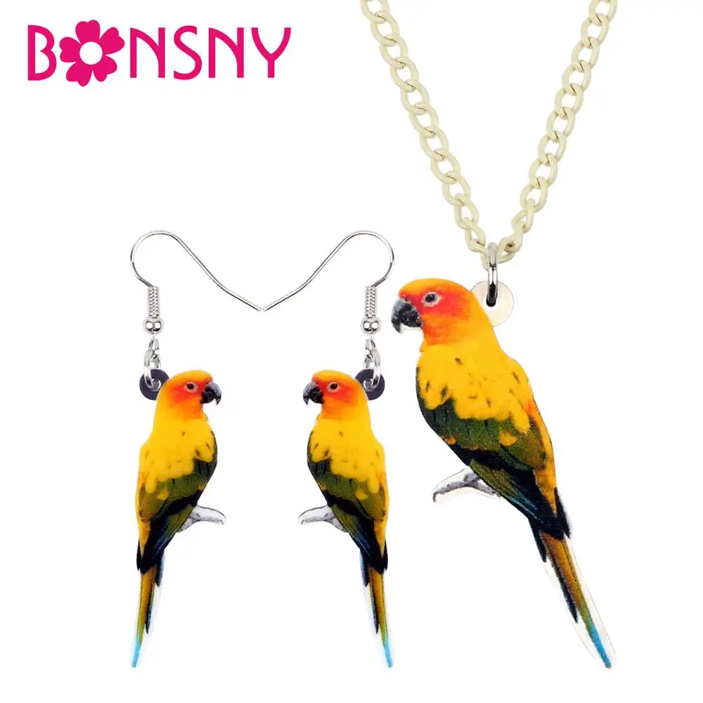 Bonsny Acrylic Sun Parakeet Parrot Bird Necklace Earrings Jewelry Sets Tropic Novelty Animal Kids Girls Teen Charms Party Gift