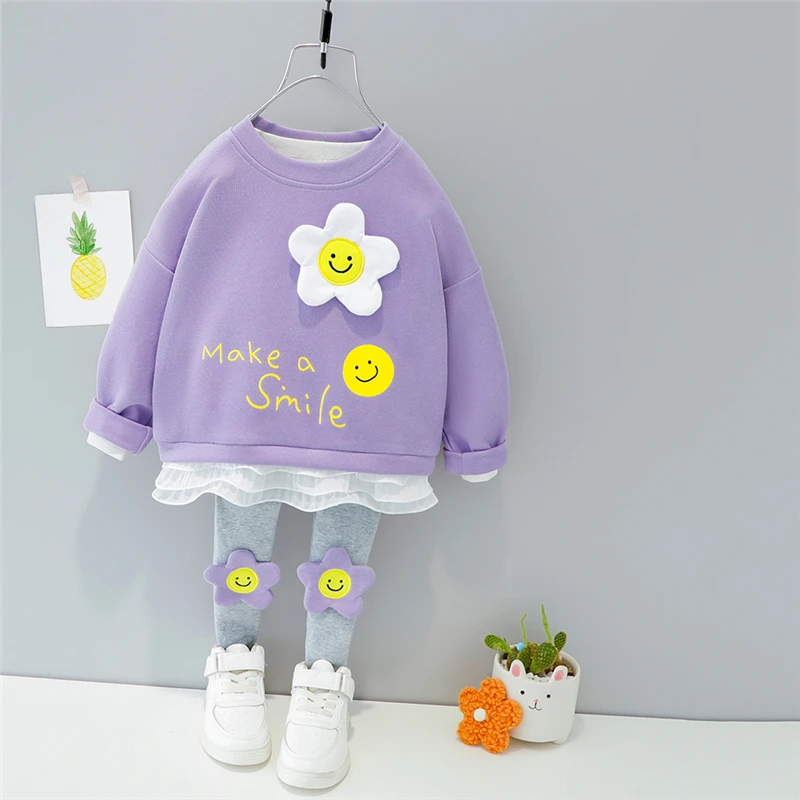 Spring Autumn Baby Girls Clothing Sets Lace Flower Princess T Shirt Pants Toddler Infant Child Kids Vacation Clothes