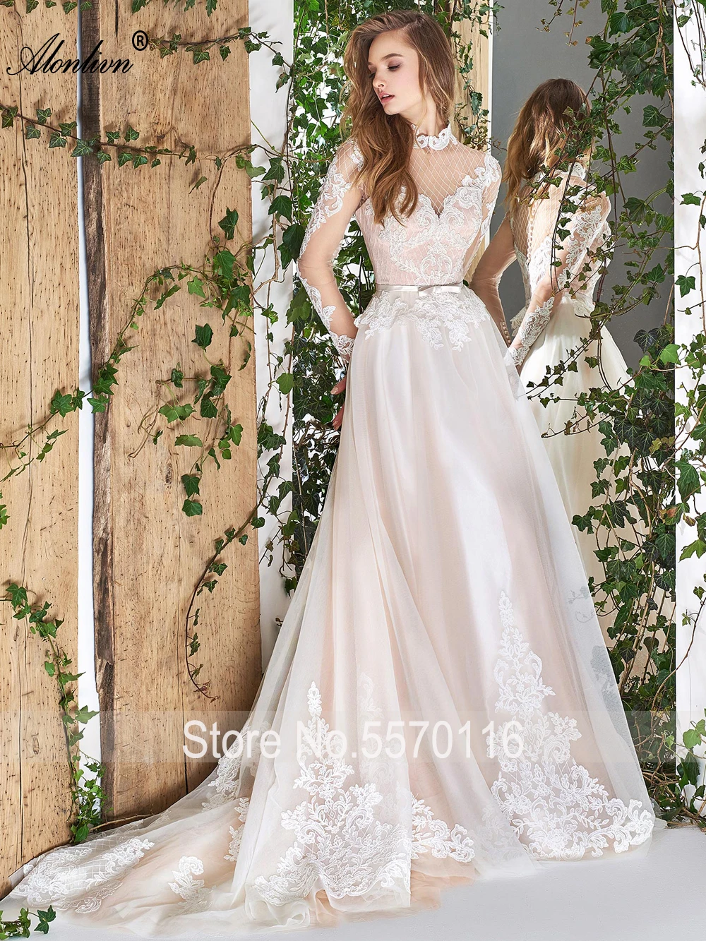 Alonlivn Elegante Seidige Organza Grid Garn Appliques Volle Hülsen A-linie Brautkleider Braut Kleider