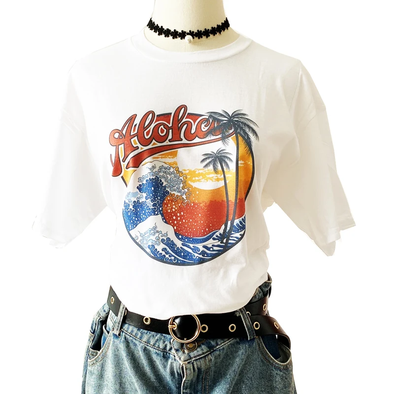 Women Aloha Wave T-Shirt Vintage Fashion Aesthetic Graphic Tee Cute Summer Tops