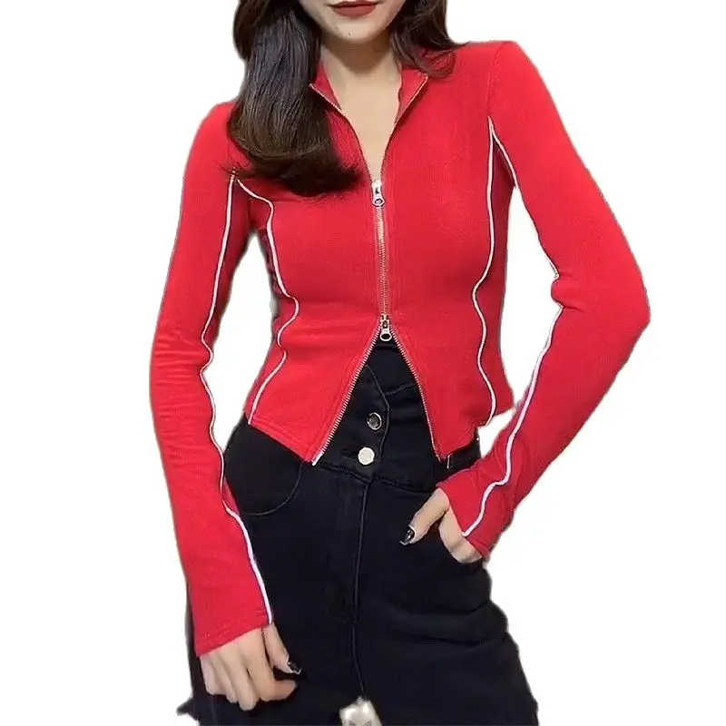 2022 Hot Fashion Spring Autum Cool Preppy Street Playsuit Women Slim Basic Two-Way Zipper Casual Base Female Outer Coat Jacket