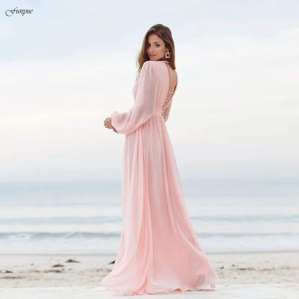 Frauen Langarm Seite Slit Gefaltete Lange EINE Linie Brautjungfer Kleider für Hochzeit Formale Chiffon Abendkleid Prom Kleid 2022