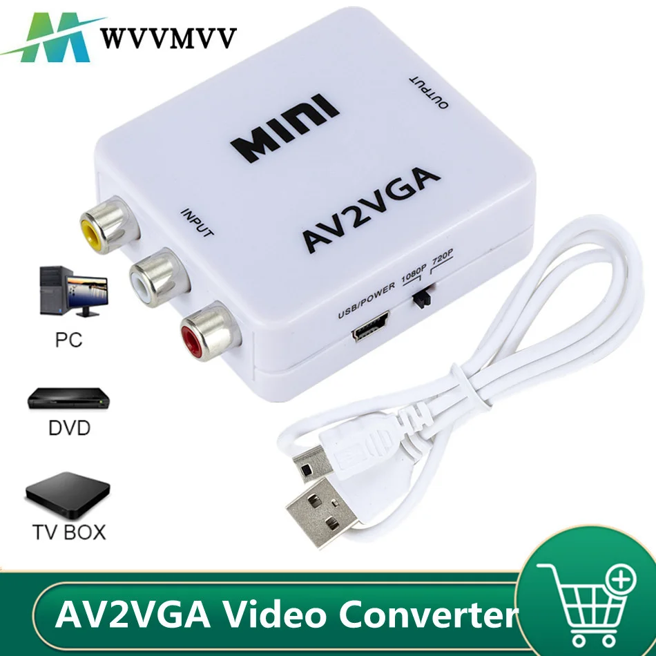 Mini conversor de vídeo hd av2vga, conversor av rca cvbs para vga, com áudio de 3,5mm, para pc, hdtv