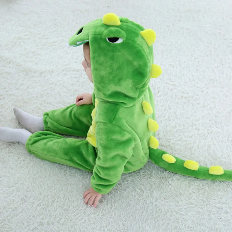 Hot Baby Animal Green Dinosaur Pajamas Long Sleeve Cute Anime Rompers Hooded For Boys Girls Fantasia Warm Cotton Winter Clothes