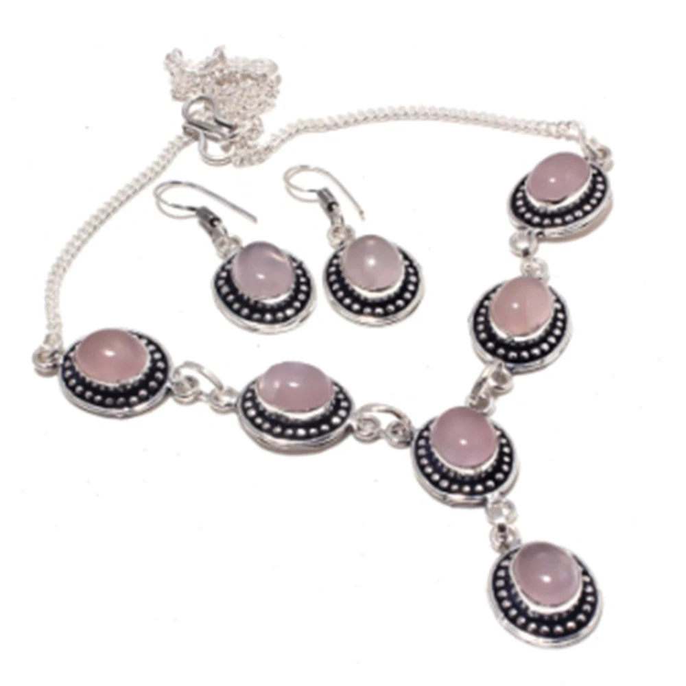 

Rose Quarts Necklace + Jewelry Set Silver Overlay over Copper , 48.1 cm, N4380