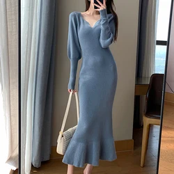 Winter Elegant Mermaid Sweater Long Dress Women Vintage V-neck Knitted Warm Y2K Dress Korean Casual Chic Dress for New Year 2022