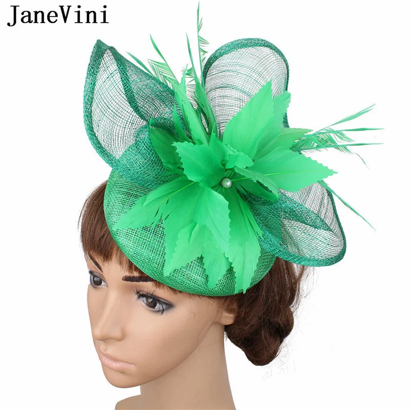 JaneVini Vintage Green Yellow Feathers Wedding Bridal Hats Pearl Fascinator Cocktail Ladies Bride Headwear Bruiloft Accessoires