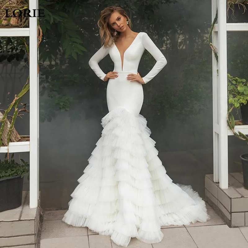 

LORIE Soft Satin Mermaid Wedding Dresses Long Sleeve Tiered Puff Tulle Beach Bridal Gown V-Neck Princess Party Gowns Customized