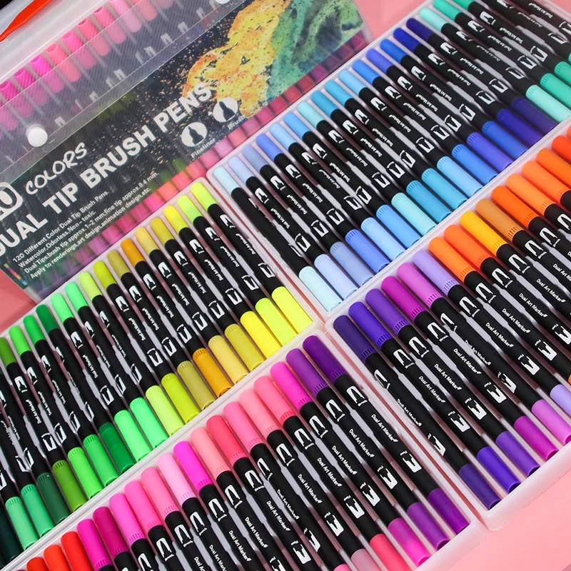 120 Colors Dual Tip Brush Marker Pens Art Watercolor Fineliner Drawing Painting Stationery Effect Best for Coloring Manga Comic