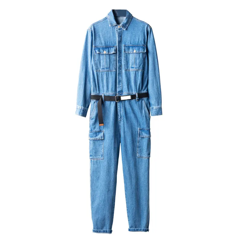 

Spring Jeans Overalls Men Denim Jumpsuits Long Sleeve Lapel Loose Street Japanese Workwear Pants Fashion Light Blue Trousers