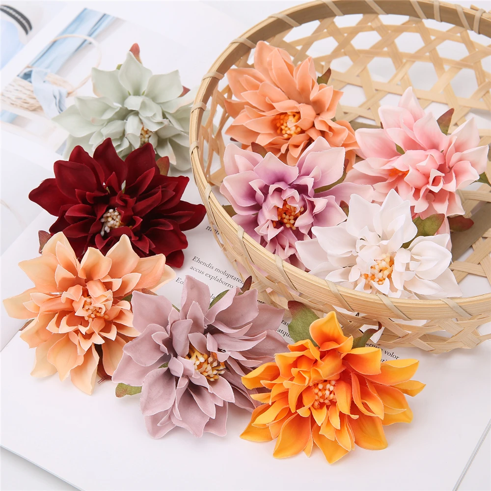 10Pcs Dahlia Flower Heads Artificial Flower For Home Decor Fake Flowers Wedding Party Wreath Silk Dahlia Crafts Gift Accessories