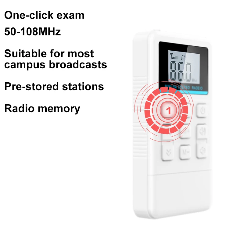 Receptor portátil de rádio estéreo FM mini com display LED, suporta desligar a memória, Professional Inglês Hearing Learning, 50-108MHz