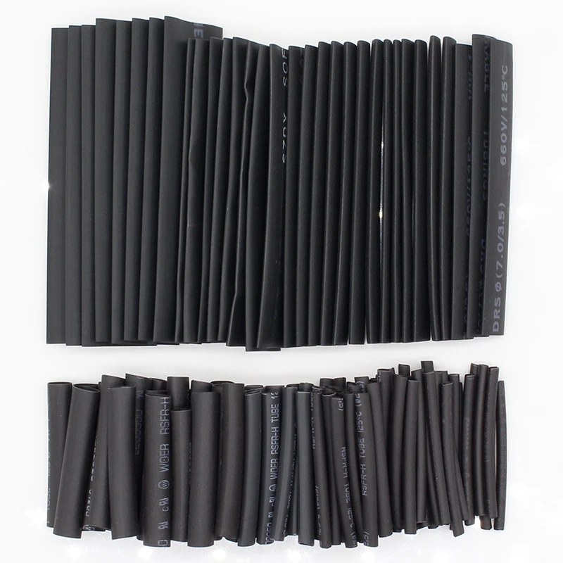 127pcs/lot Heat Shrink Tubing 7.28m 2:1 Black Tube Car Cable Sleeving Assortment Wrap Wire Kit with Polyolefin Tub