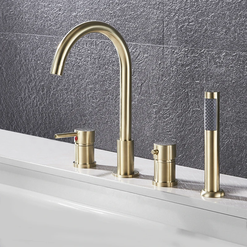 

Deck Mount Bathroom Bathtub Faucet Set with Handheld Shower Tub Faucet Hot and Cold Water Mixer Bath Faucet Gold Bathtub Tap