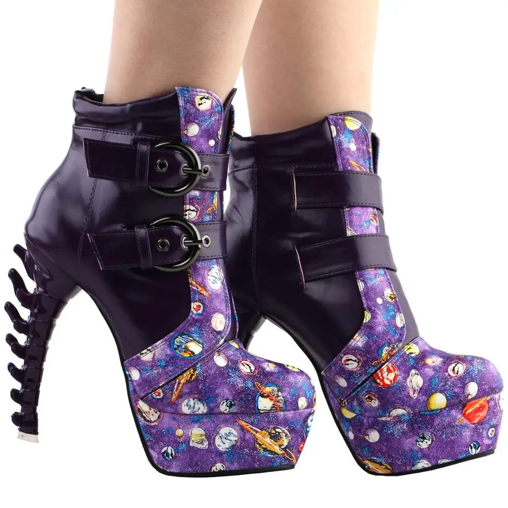 LF80685 SHOW STORY Punk Vintage Rockabilly Purple Strap Buckle High-top Bone Platform Ankle Boots