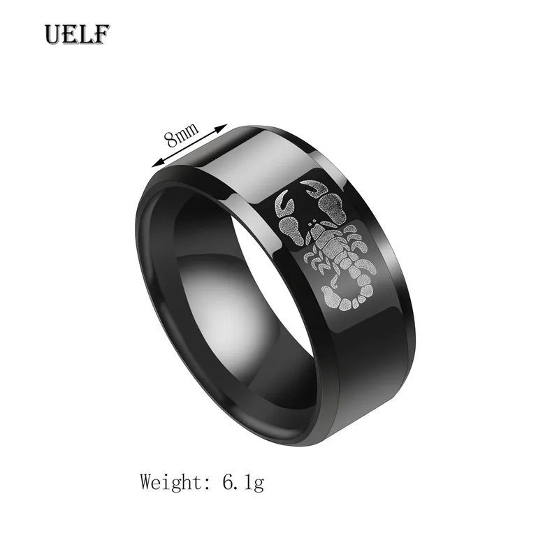 Uelf Punk Vintage Black Scorpion Pattern Mens Ring Stainless Steel Titanium Rings for Men Women Wedding Bands