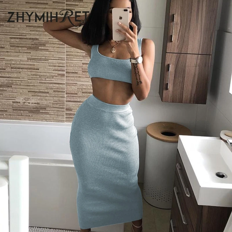 ZHYMIHRET 2023 Summer Neon Color Two Pieces Set Dress Women Sexy Ribbed Crop Top And High Waist Long Vestidos Two Piece Outfits