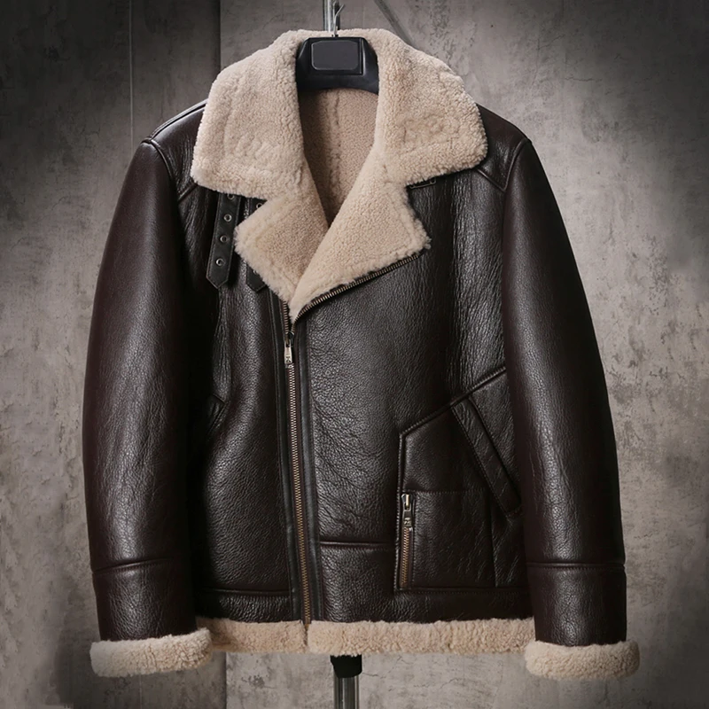 New Shearling Coat Mens B3 Bomber Jacket Short Fur Coat Brown Motorcycle Jacket Thicken Sheepskin Coat