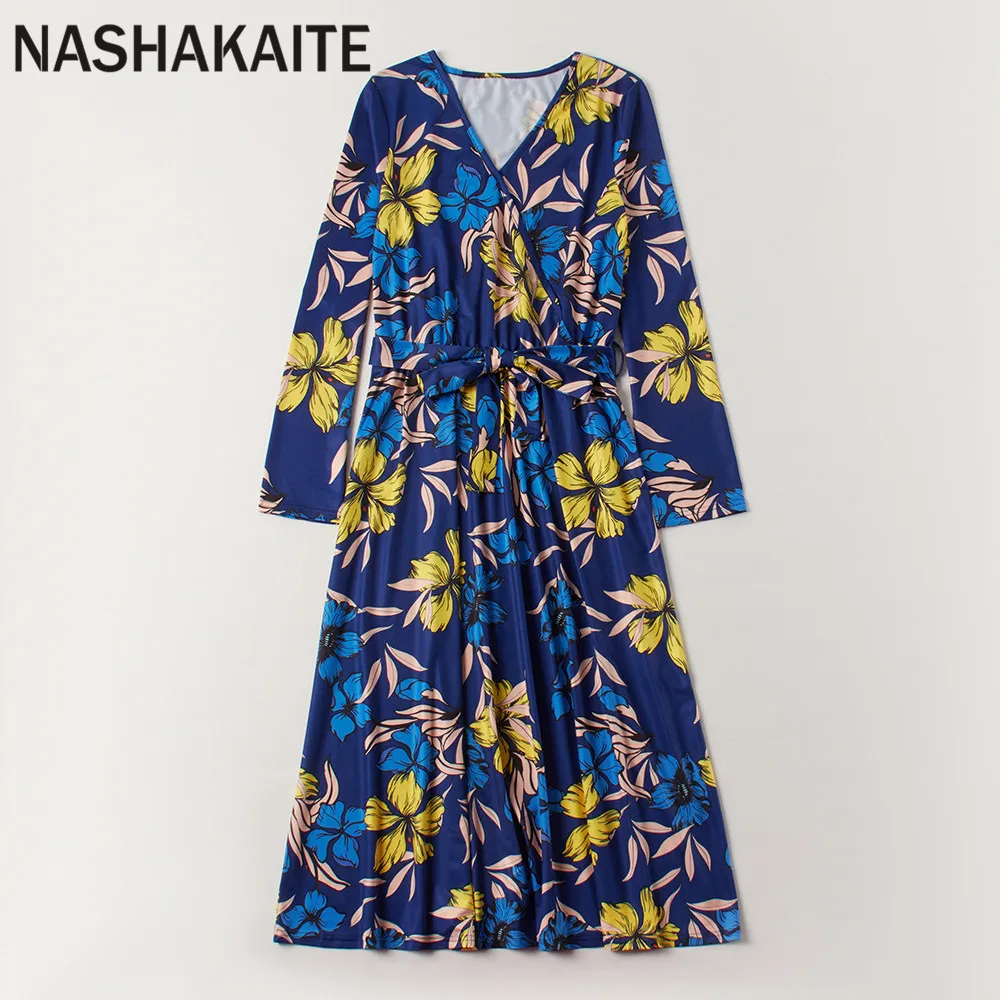 NASHAKAITE Mother And Daughter Dress  Autumn And Winter Dark Blue Print V-neck Dress Mom And Daughter Equal Mommy And Me Dress