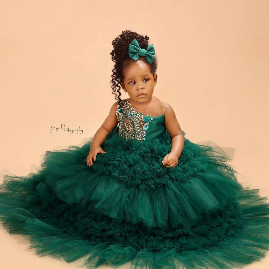 Luxury Green Tulle Kids Pageant Dresses Custom Made With Crystals Ball Gown Puffy Birthday Party Dressing Gown Ruffles Girls Gow