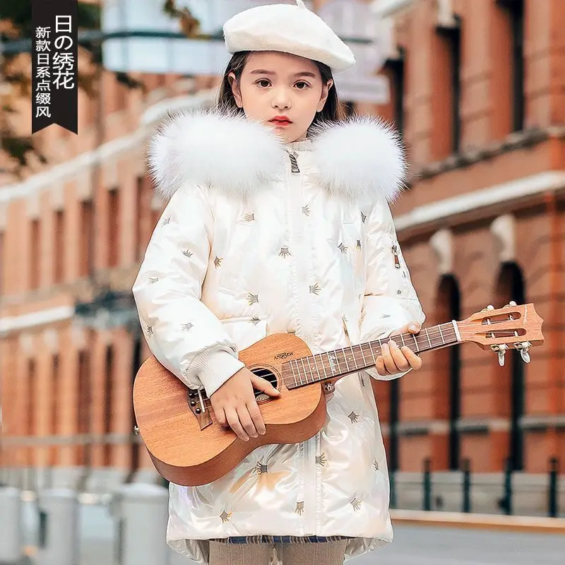 Long Style Teens Fur Hooded Thick Padded Winter Girls Jacket Kids Hooded Warm Outerwear Coat For Girls Clothes Children Jackets