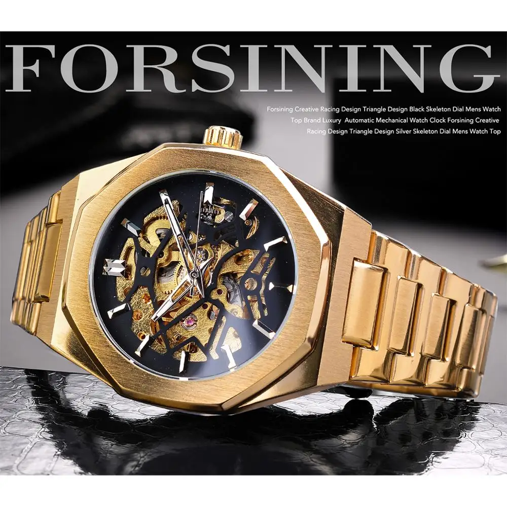 Forsining 2019 Gold Mechanical Automatic Watches For Men Skeleton Waterproof Clock Top Brand Luxury Luminous Hands Wristwatches