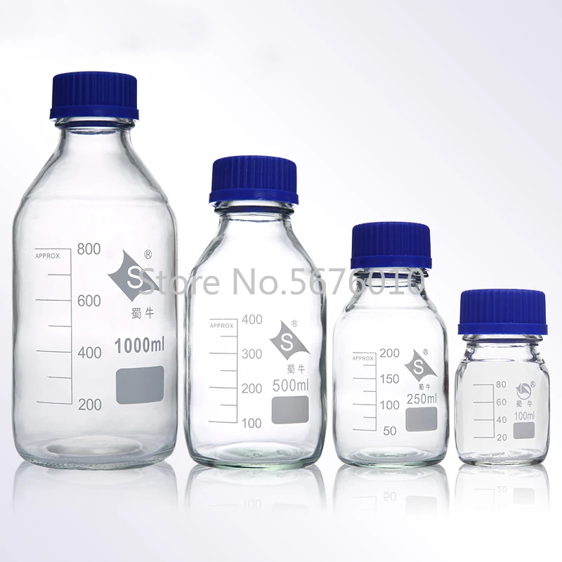 Botella de reactivo de vidrio con tapa de rosca azul, 1 piezas de capacidad, 100/250/500/1000ml, cristalería para laboratorio médico y químico