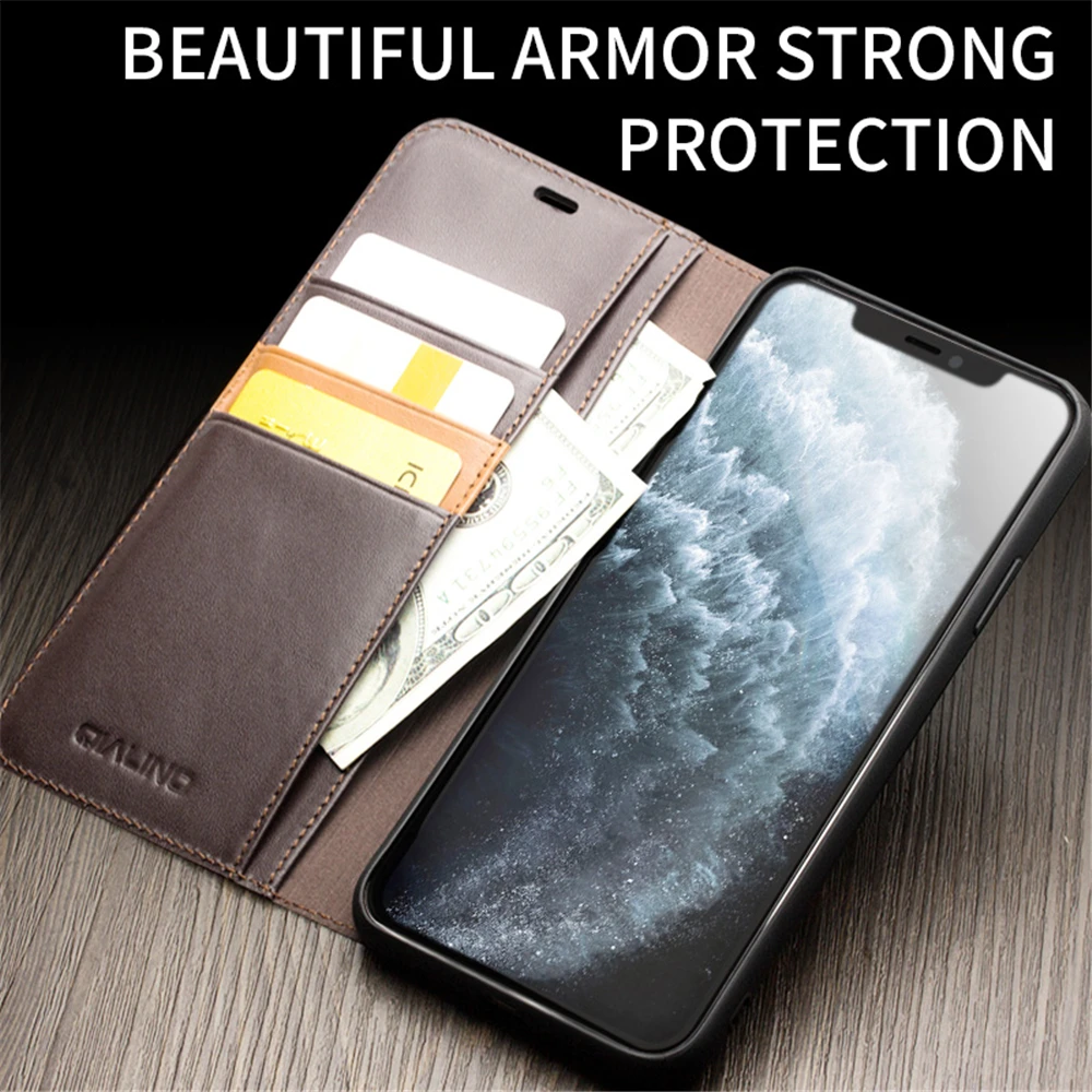 QIALINO Genuine Leather Phone Case for Apple iPhone 11/12 Mini Pure Handmade Flip Case with Card Slots for iPhone 11/12 Pro Max