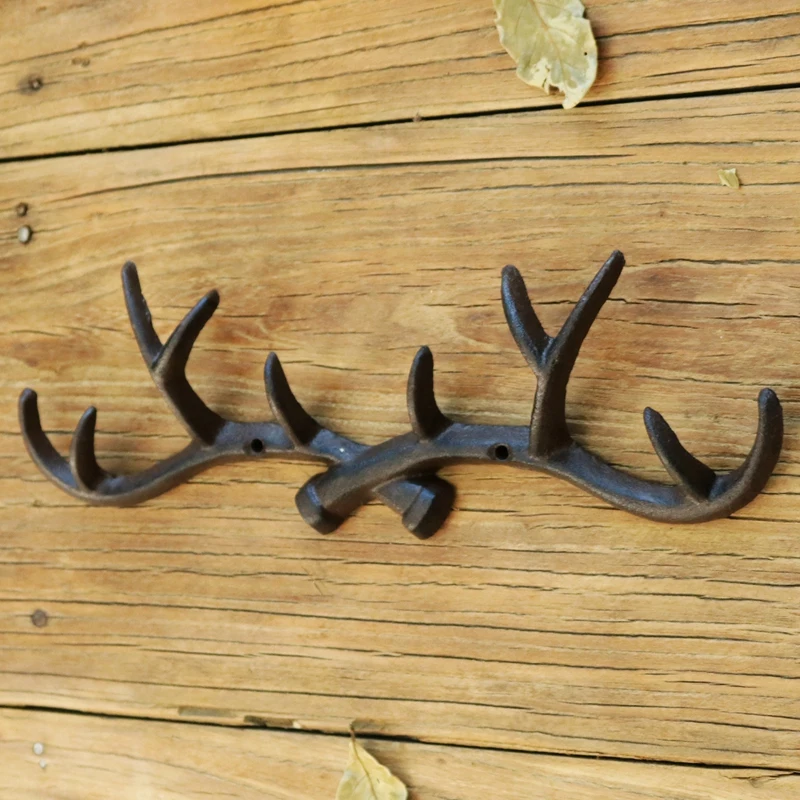 Vintage Reindeer Antler Cast Iron Wall Hook American Country Farm Accents Home Decor Handmade Heavy Metal Mounted Hanging Rack