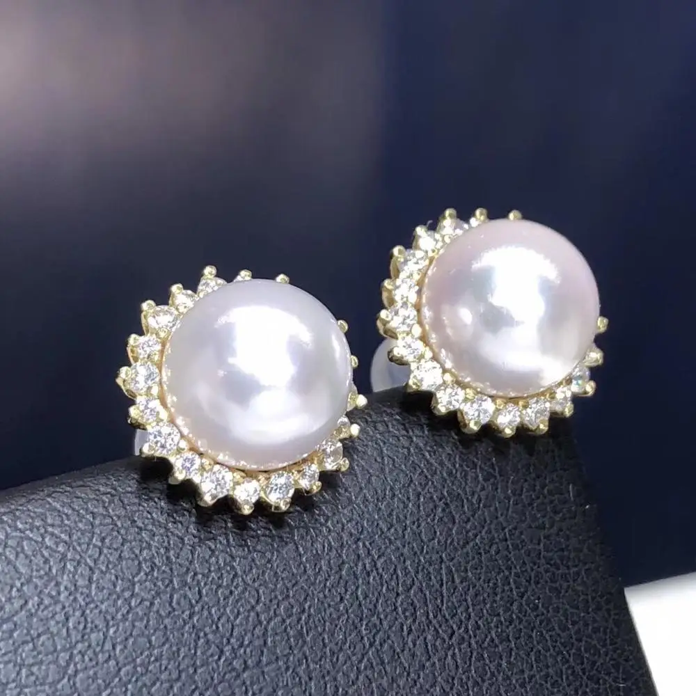 Fine Jewelry Pure 18 K White Gold Natural Japan Origin Akoya 9-8mm White Round Pearl Earrings for Women Fine Pearl Earrings