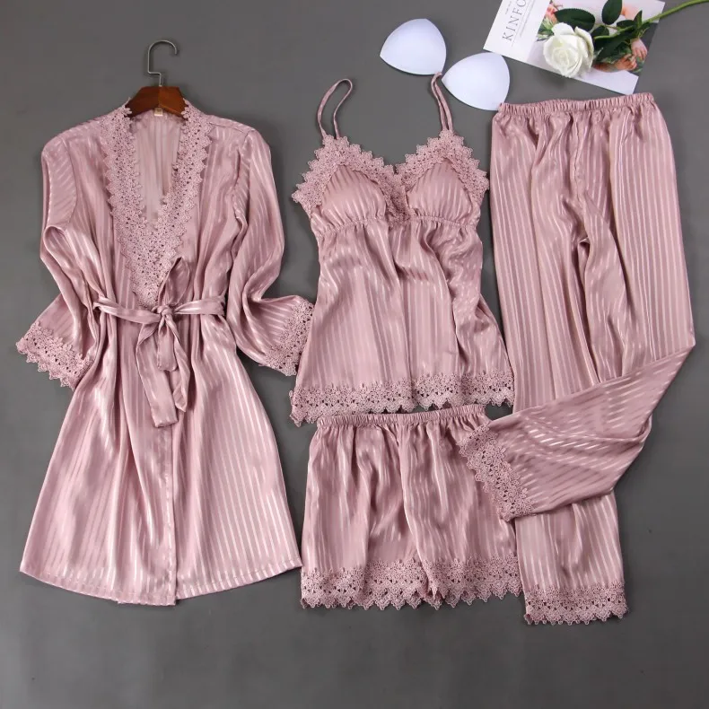 Women Sleep Set Satin Striped 4PCS Pajamas Suit Pijamas New Sexy Kimono Bathrobe Gown Home Clothes Lace Patchwork Sleepwear