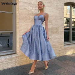 Sevintage Simple Glitter Midi Prom Dresses A Line Slit Formal Wedding Party Gowns Spaghetti Strap Tea-Length Homecoming Gowns