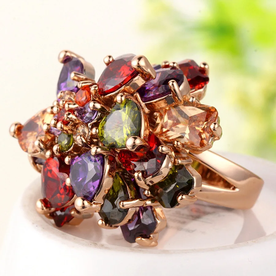 Ring Lucky Gold-Color  Flower Inlaid With Big AAA Zircon ,Ts Style Glam Fashion Good Jewerly For Women Men Super Deals