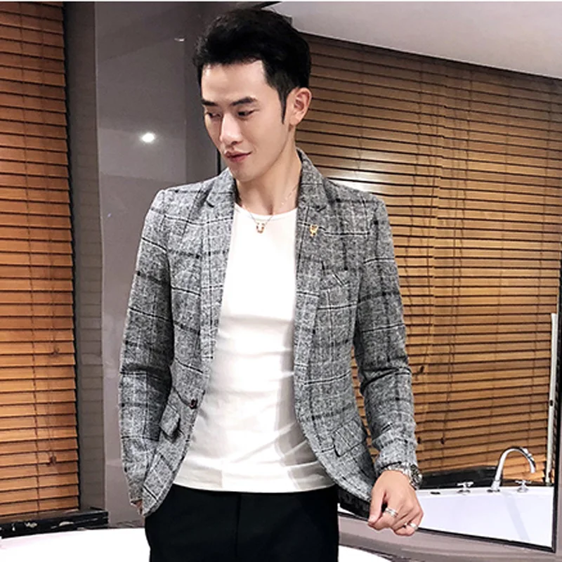 2024 new men\'s casual plaid suit jacket male linen plaid business self-cultivation wedding dress party suit coat plus Size S-4XL