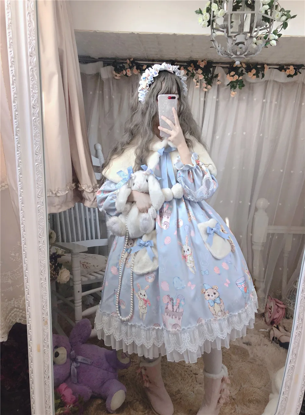 Kawaii słodki Lolita królik/niedźwiedź słodkie nadruki Hairball z długim rękawem sukienka Cos Lolita księżniczka spotkanie przy herbacie sukienka