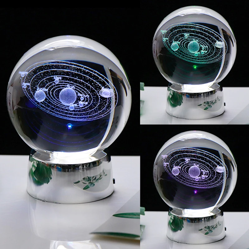 60/80/100mm Crystal Solar System Planet Ball 3D Laser Engraved Sun System Ball with a Touch Switch LED Light Base Cosmic Model