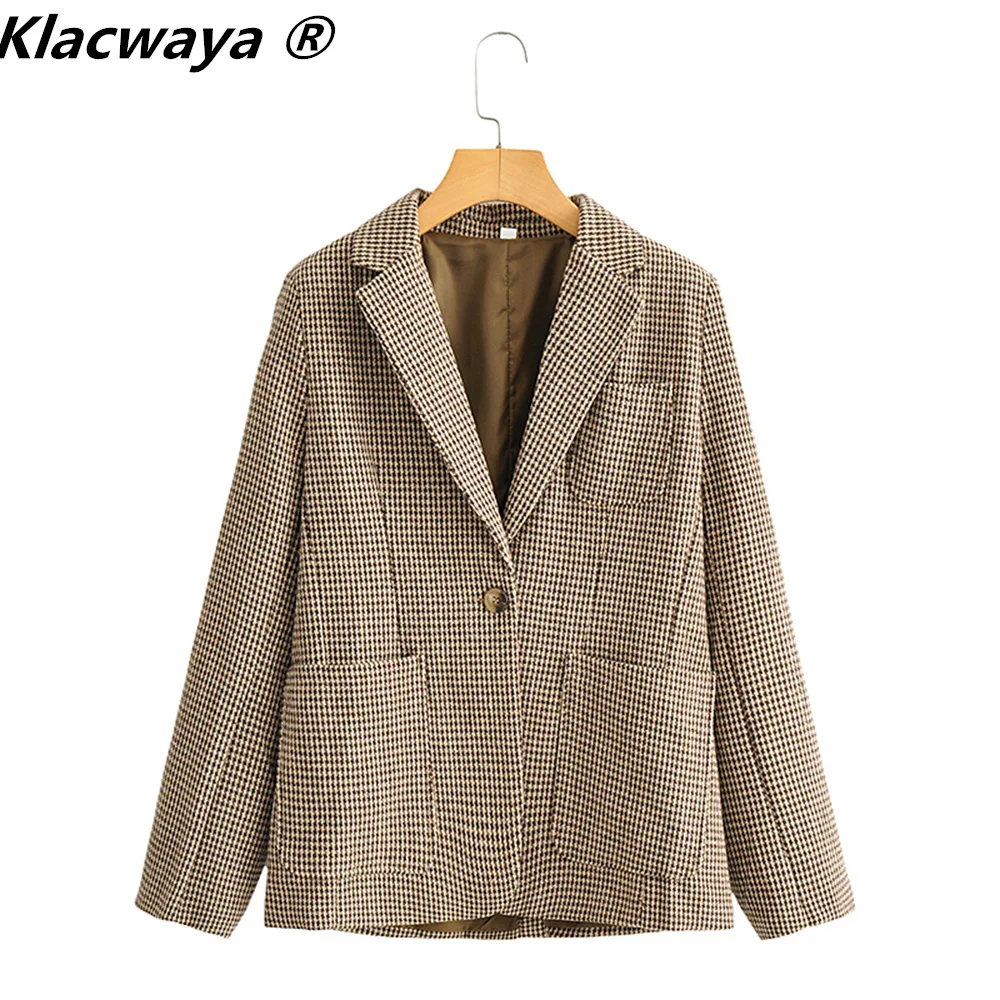 Klacwaya Houndstooth Blazer Women Jackets For Women 2021 Autumn Casual Checked Jacket Female Pockets Office Lady Blazers