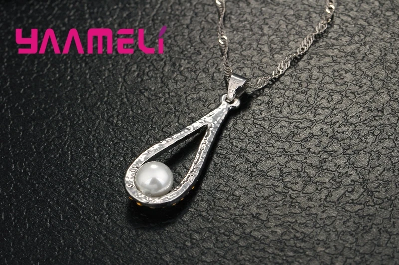 Pure 925 Sterling Silver Color CZ Crystal Water Drop Pearl Necklaces Pendant Chain Earrings Woman Fine Wedding Jewelry Set Gift