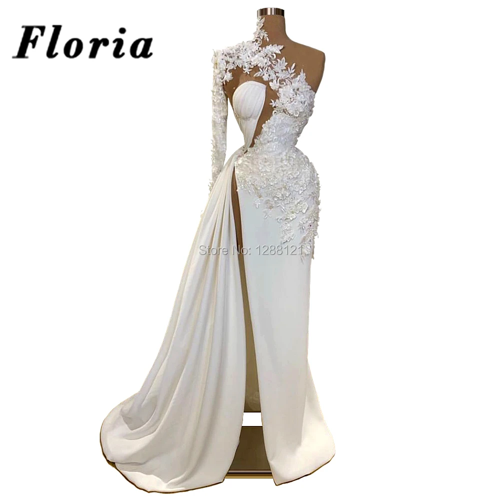 Apliques africanos longo vestido de noite 2020 sereia cetim branco frisado formal festa vestidos noite robe de soiree