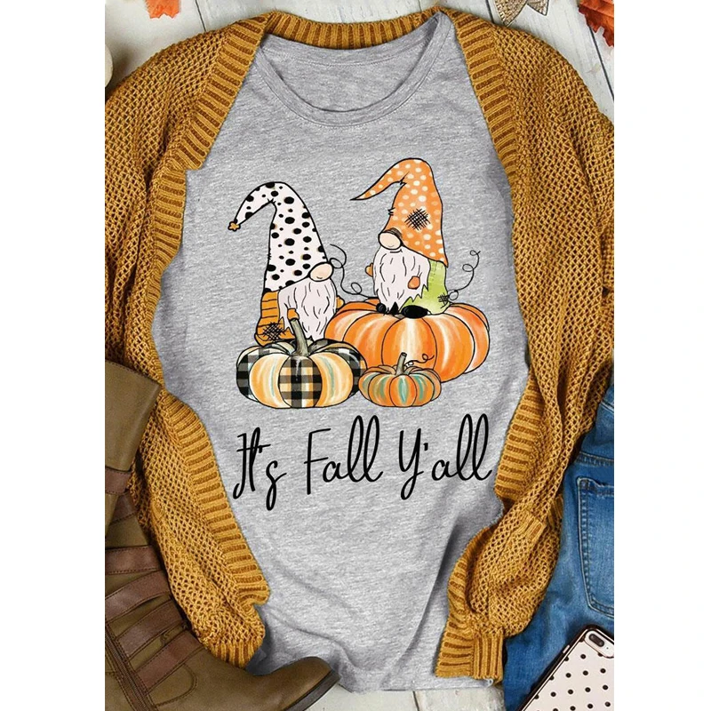 It's Fall Y'all Gnomies Colored Print T-shirt Cute Women's Thanksgiving Holiday Tshirt Funny Autumn Short Sleeve Harvest Tee Top