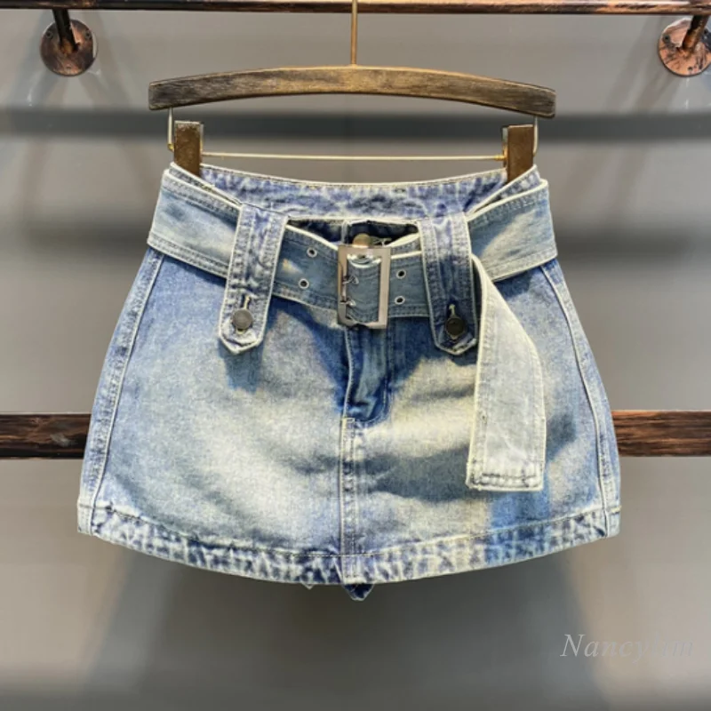 Fashion Pink Denim Skirt for Women New Spring Autumn Korean Style Belt High Waist A- Line Short Pantskirt Lady Skirts 2022