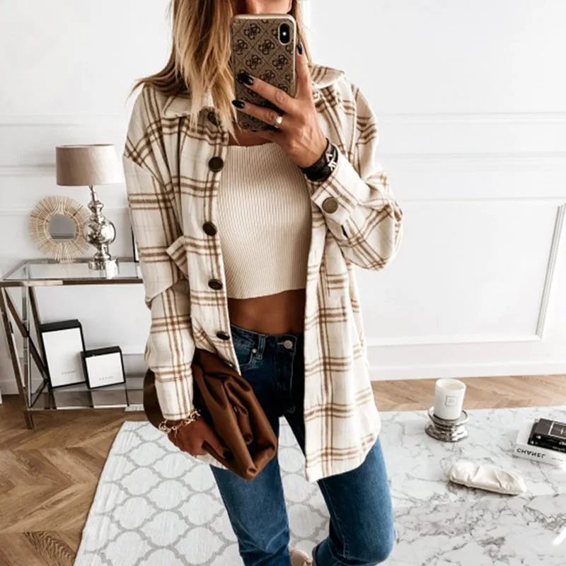 Women Blouses Autumn And Winter Loose Casual Retro Tops All-Match Plaid Long-Sleeved Shirt Jacket 3 Colors Chic New