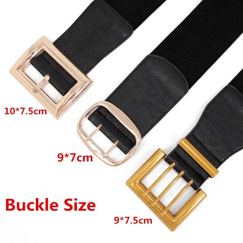 Luxury Black Waistbands For Dress Wide Elastic Faux Leather Belt Stretch Waistband Vintage Square Alloy Buckle Waist Seal Coat