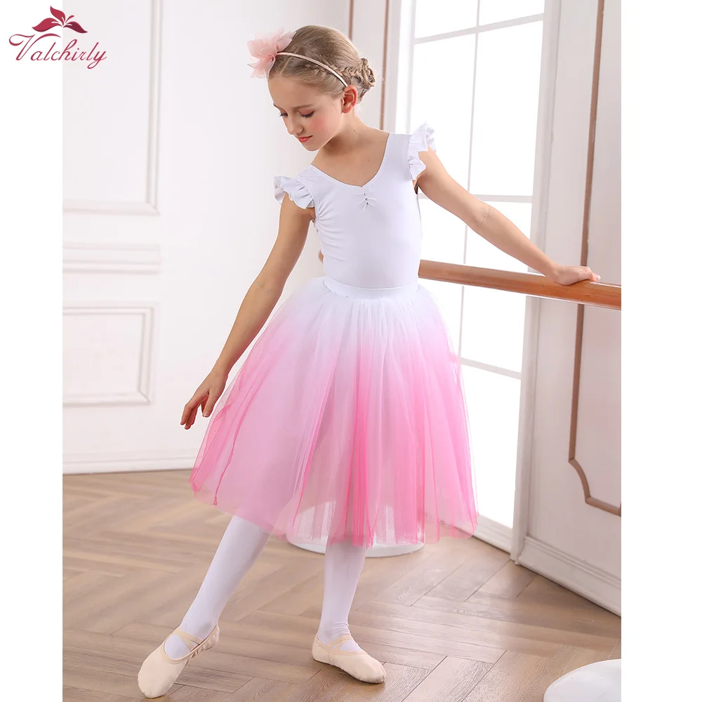 New Girls White Ballet Leotard with Long Gradient Pink Tulle for Performance Dance Costume