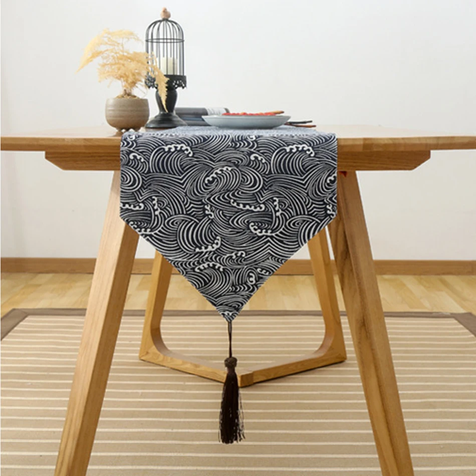 Japanese Table Runner,Classical Navy Blue Burlap Linen Champagne Table Dining Room Restaurant Gadget Decor Supplies