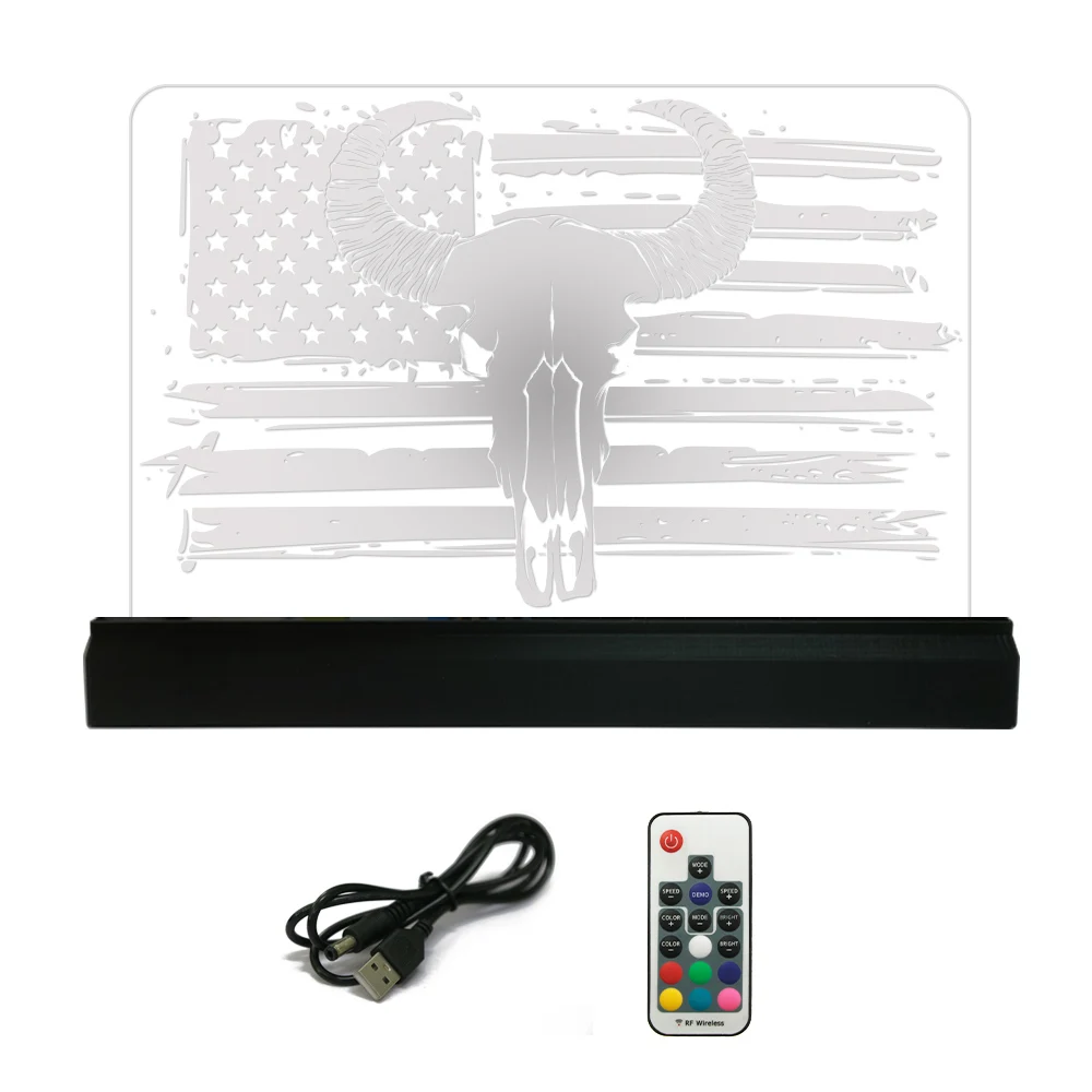 Touro crânio com bandeira americana conduziu a lâmpada arena decoração sinal de alta moral 3d iluminado plexi vidro legal design luz concorrente presente