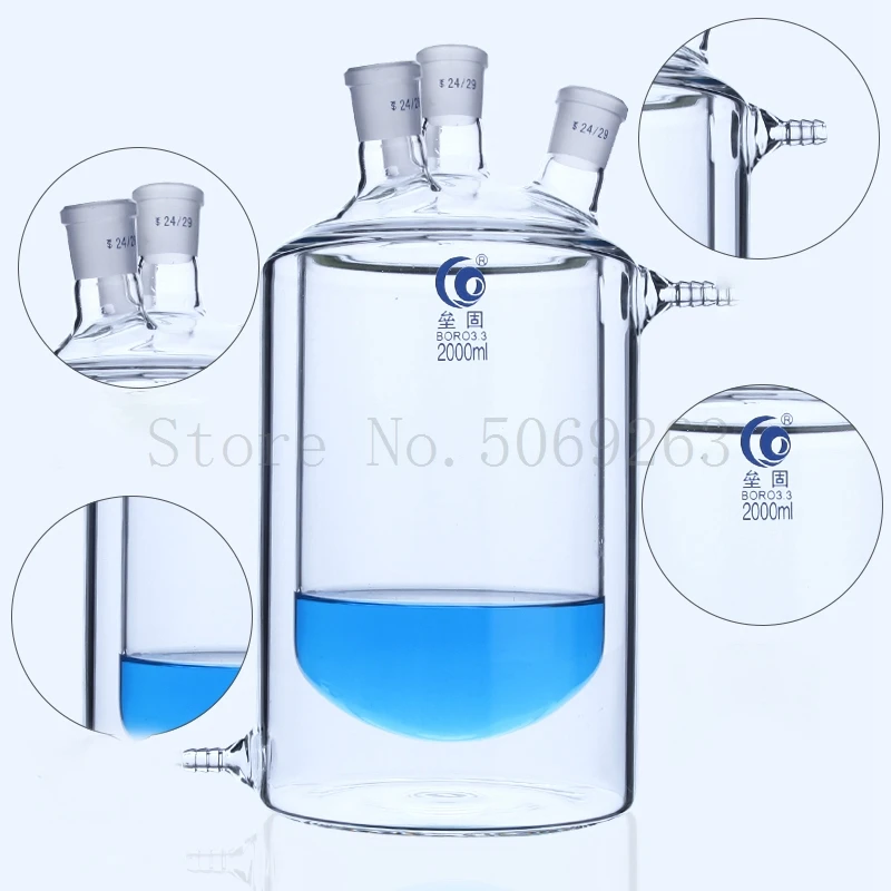 Flat Bottom Four Mouth Glass Jacketed Reaction Bottle Laboratory Double-layer Laboratory Reactor Flask