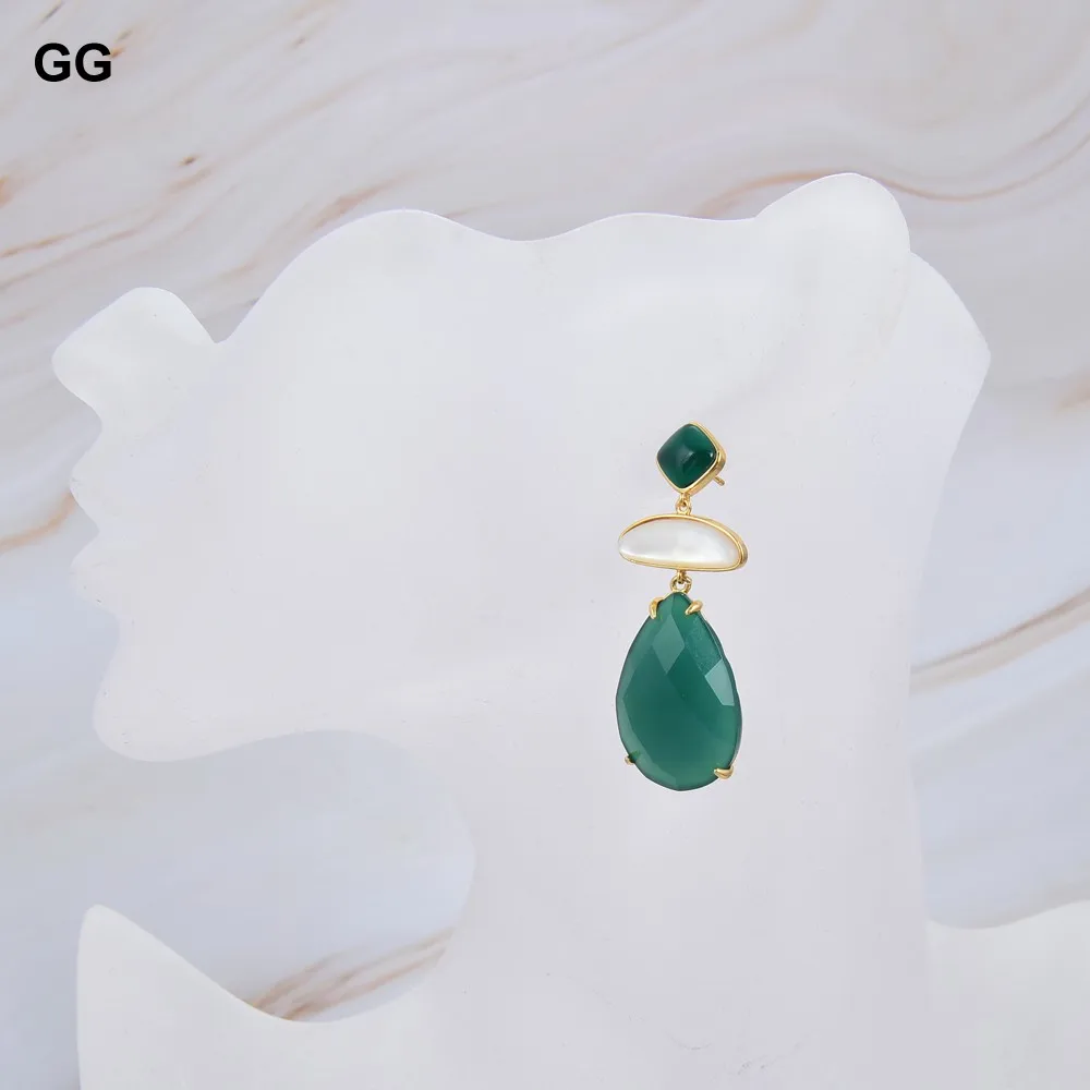 GG-pendientes geométricos de ágata verde Natural para mujer, aretes chapados en oro, Concha Blanca peruana, Estilo Vintage