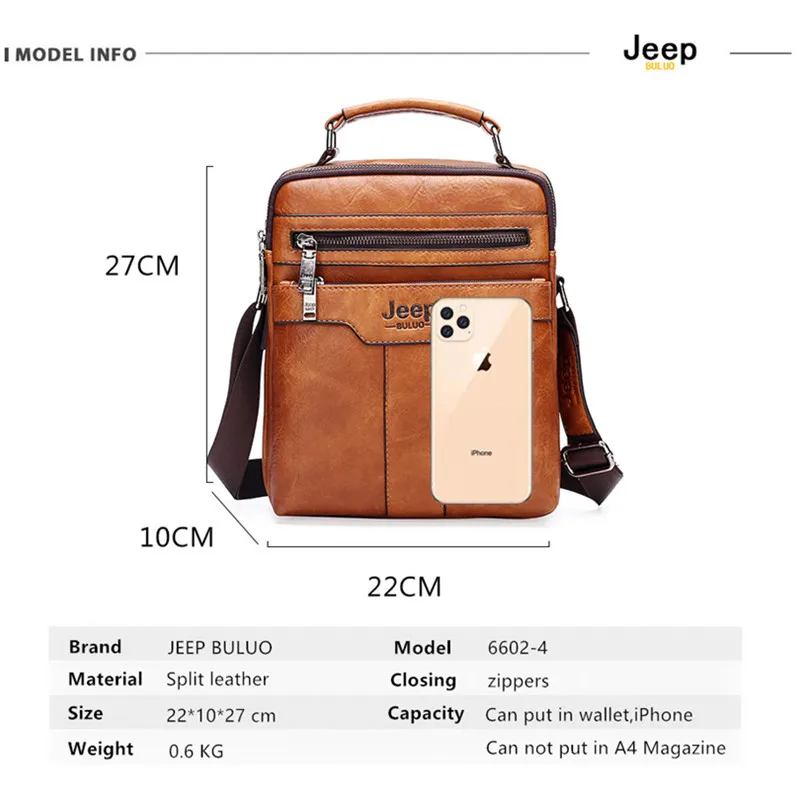 JEEP BULUO  High quality Tote Fashion Business Man Messenger Bag Big Size Split Leather Bags Brand Men\'s Crossbody Shoulder Bags